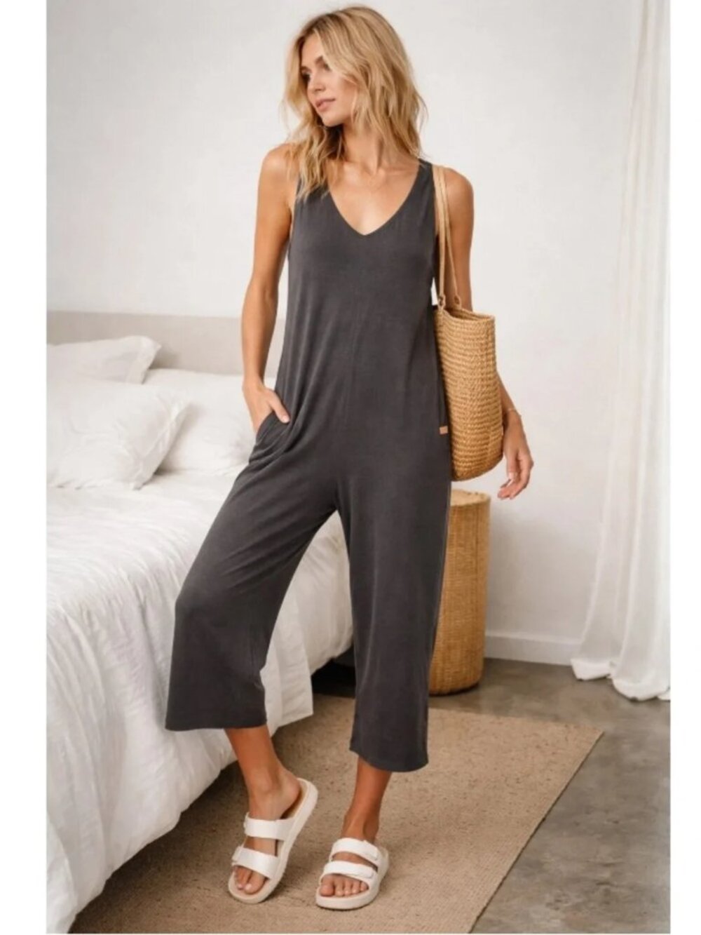 Lunya Restore Pima Cotton Cropped Wide-Leg Jumpsuit Black S